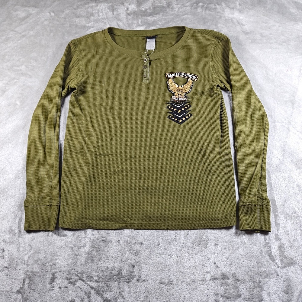 Harley Davidson Henley Shirt Womens Small Thermal Eagle Patch Biker Military Y2K